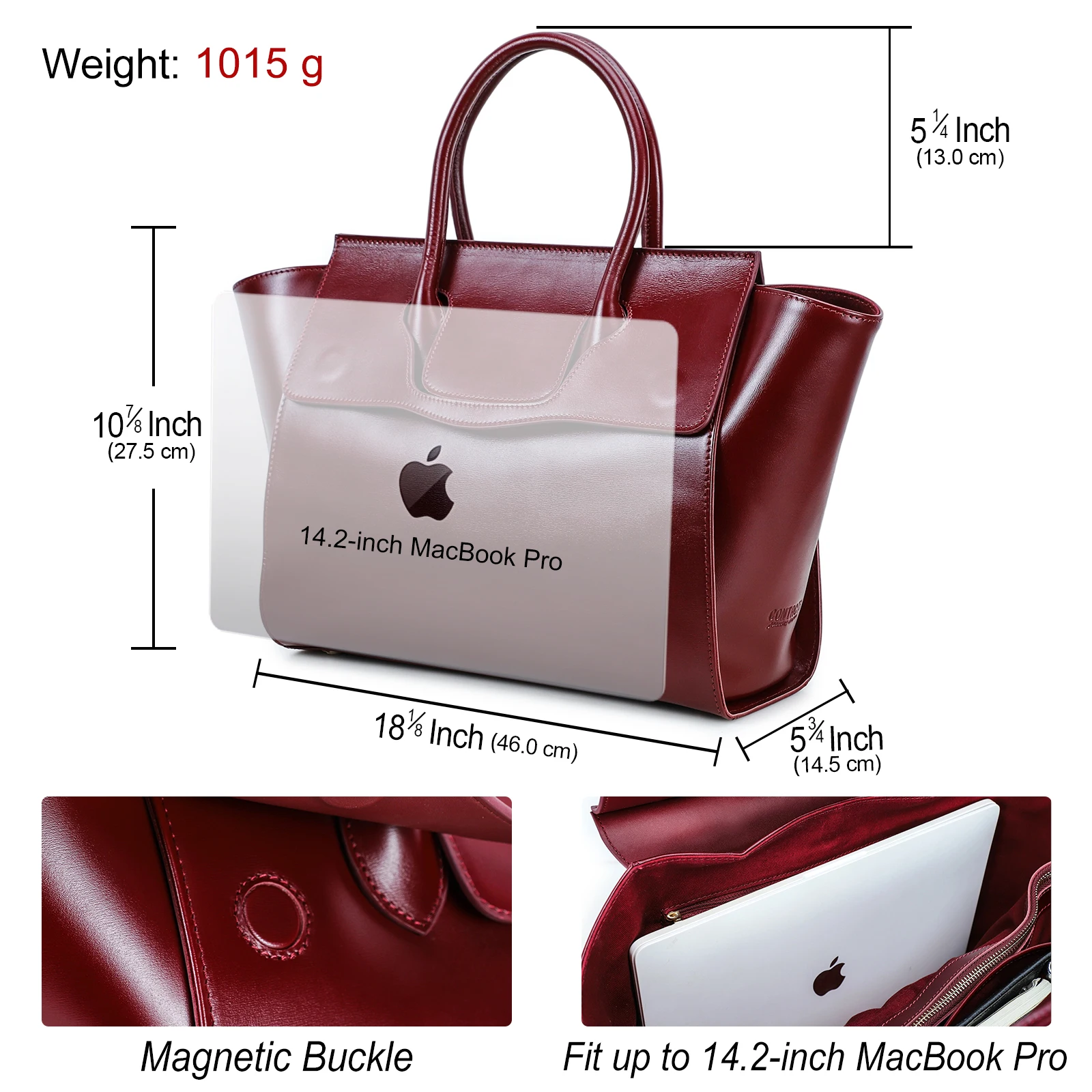 CONTACT'S حقائب عمل نسائية من الجلد الطبيعي حقيبة حمراء فاخرة مصممة للمكتب حقيبة كمبيوتر محمول مقاس 14.2 بوصة ماك بوك برو #4