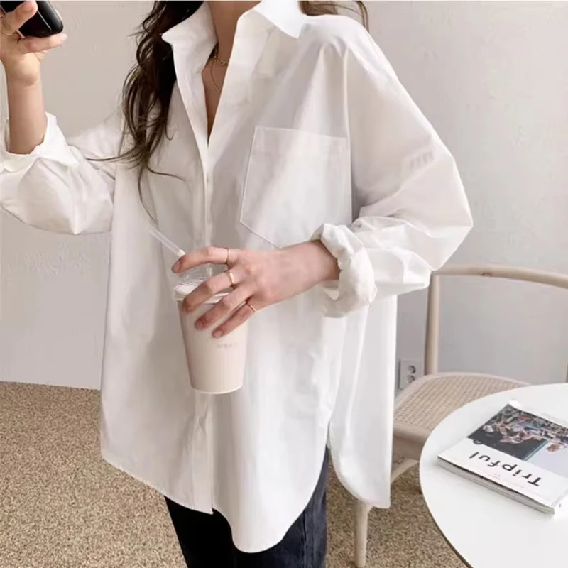 2025 ol estilo camisa feminina branca de manga comprida com bolso casual fenda blusa solta versátil plus size tops para mulheres 11456