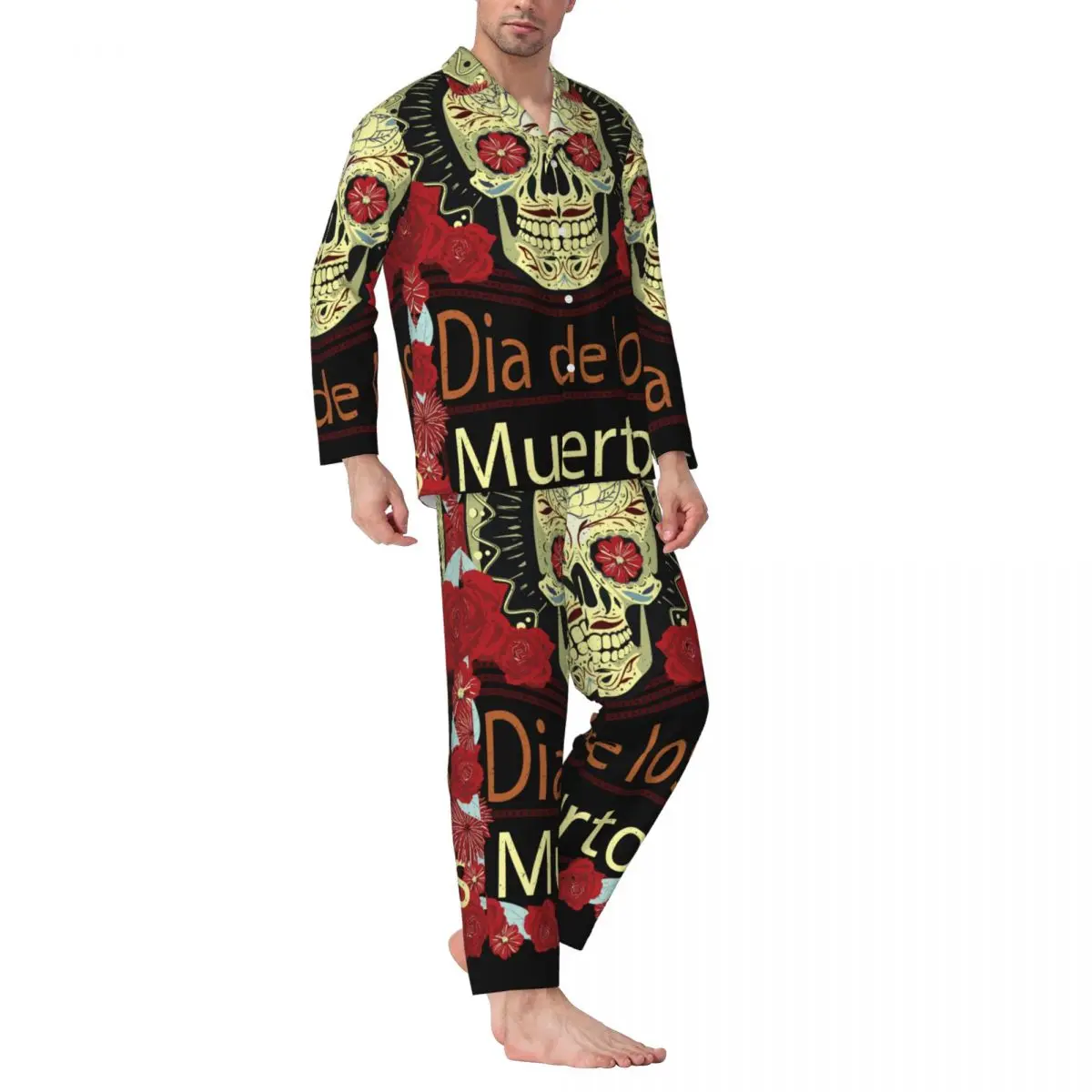 Conjunto de pijamas para hombre de Otoño Invierno de manga larga Día de los muertos calavera de azúcar ropa de casa ropa de dormir 2 unids/set