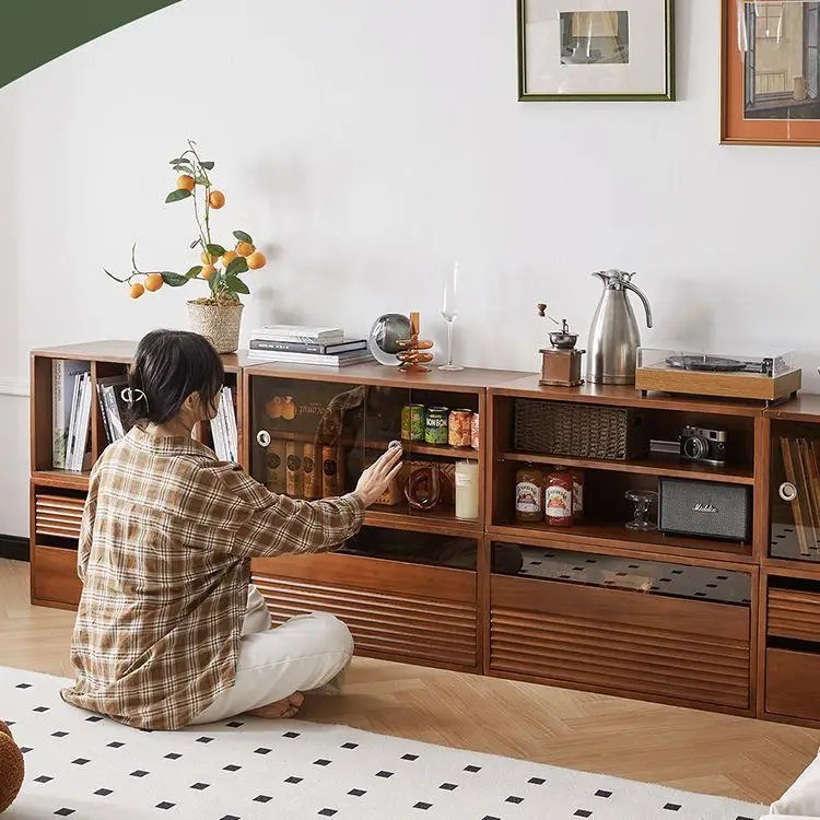 Nordic solid wood bookcase free combination display cabinet floor lattice torage  medieval TV cabinet module