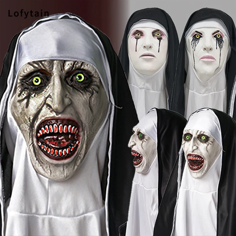 Halloween Horror Nun Latex  Mask Sister Headscarf Cosplay Scary Ghost Face Headgear Headpiece Carnival Party Costume Props