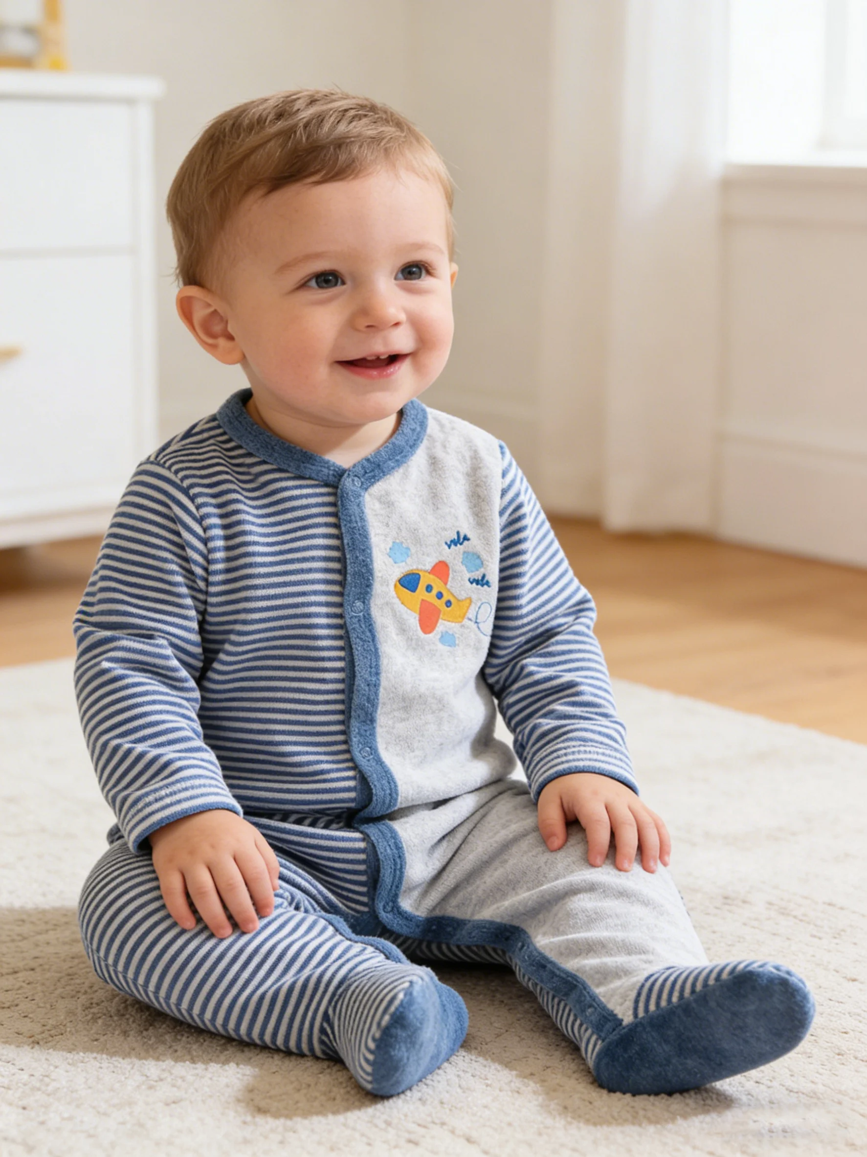 Baby Jungen Kurzflor-Strampler Langarm Gestreifter Flugzeug-Print Fußanzug Herbst Winter Neugeborenen Säugling Velours Kleidung 1 Stück – Detail 5