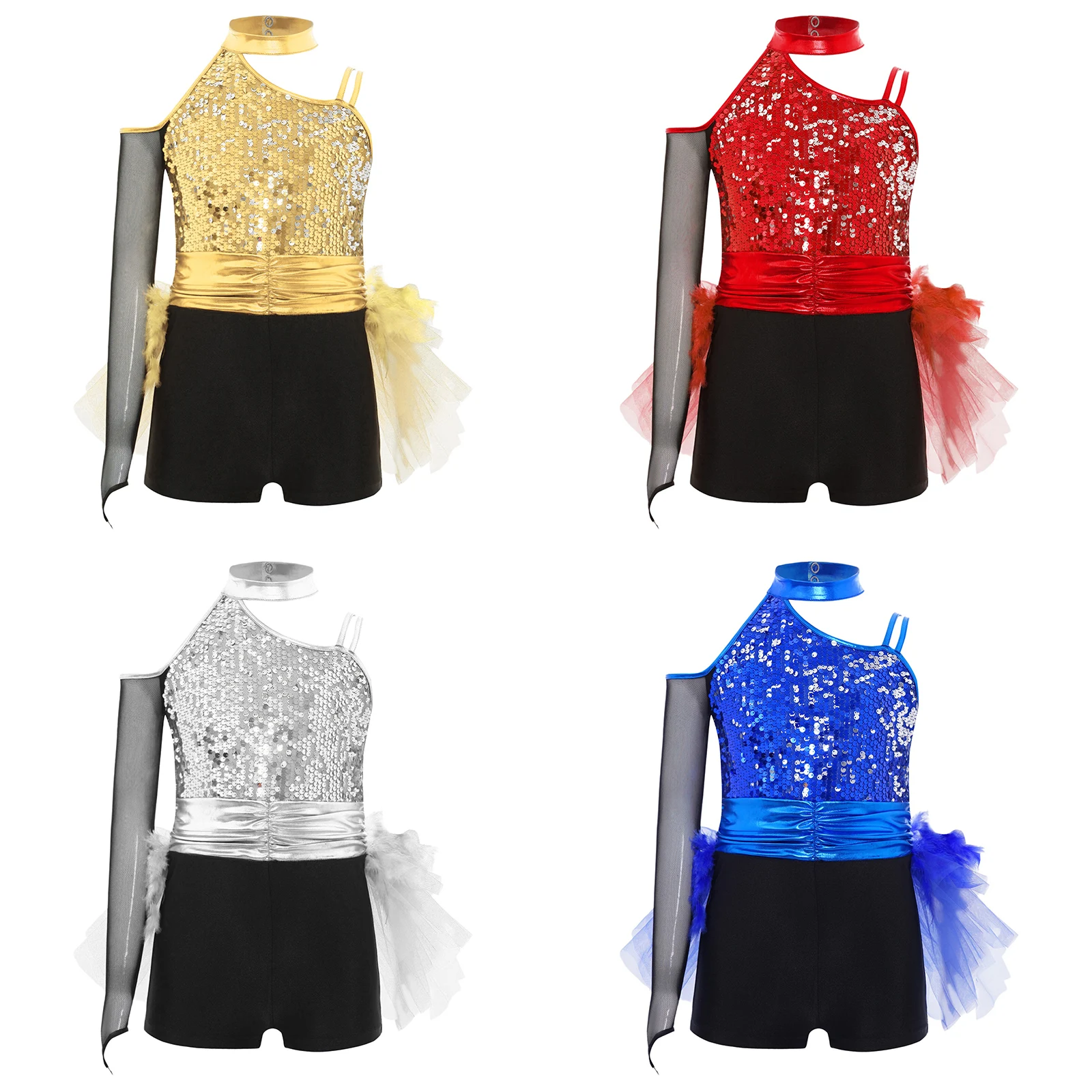 Robe de danse Jazz latine pour enfants filles, jupe en Tulle à paillettes et plumes, justaucorps à taille froncée, combinaison asymétrique