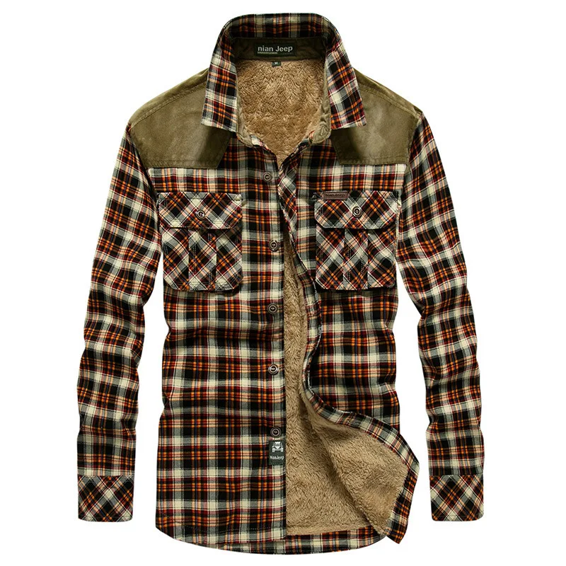 European and American Men\'s Casual Plaid Flannel Long-sleeved Shirt. Men\'s Pure Cotton Thickened and Warm Shirt. Men\'s Clothing.