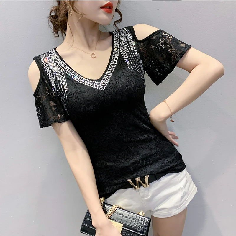 #5148 Black White Short Lace Top T Shirt Short Sleeve V Neck Diamonds Sexy Tight Off Shoulder T Shirt For Women Thin Slim Summer