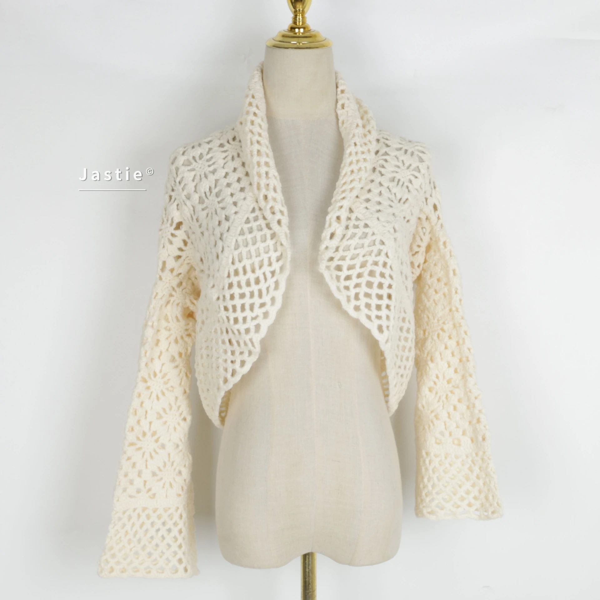 Boho Beige Crochet Shrug Women Summer Open Front Long Flare Sleeve Hollow Out Knit Bolero Cardigan Beach Cover Up Crop Tops