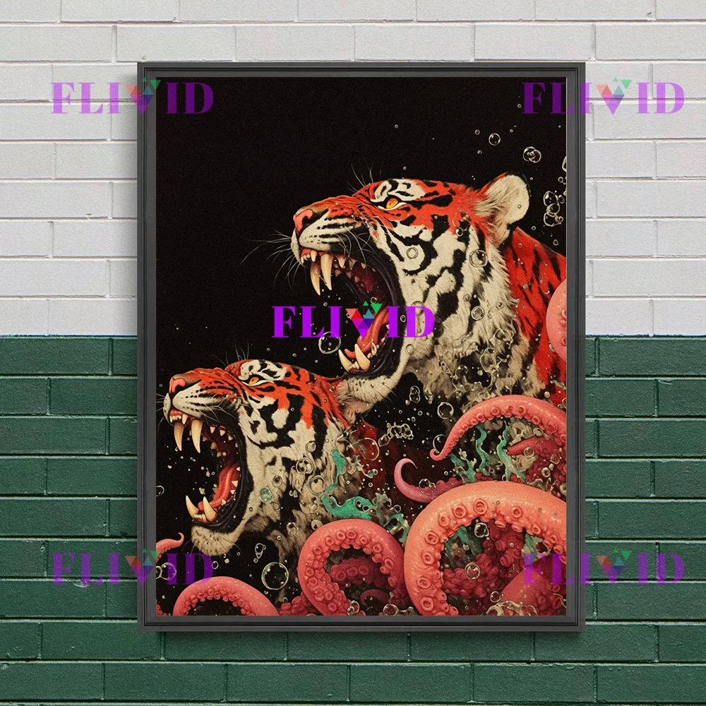 الأسطورية النمر والأخطبوط معركة الرسم على لوحات القماش الجدارية سريالية الظلام ملصق فني النمر الشرس مخالب الأخطبوط طباعة ديكور