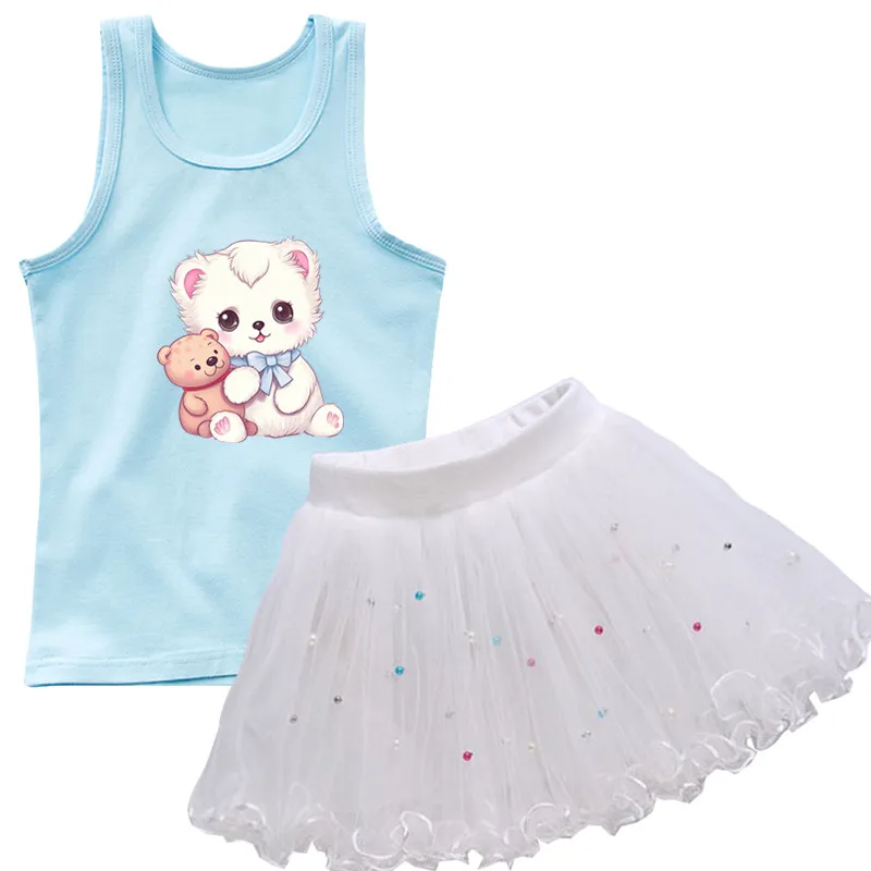 Girls Cute Bear Sleeveless T-shirt Outfits For Girls Cartoon Animal Tank Top +TUTU Skirt 2pcs kids party Birthday clothing Set