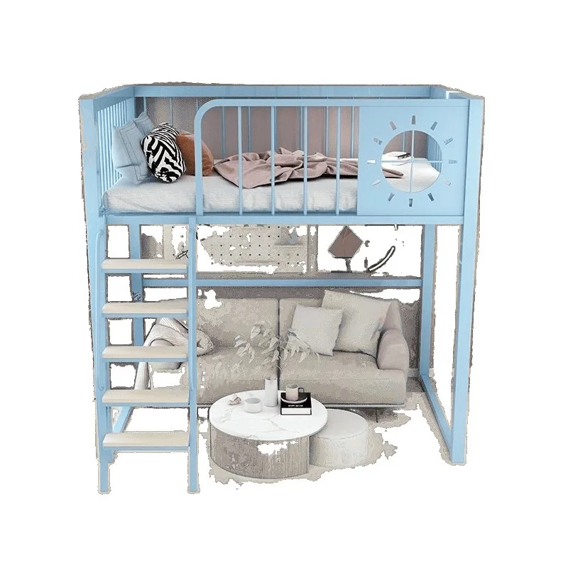 

New wrought iron elevated bed loft multi-functional bed space-saving small apartment simple bed table duplex