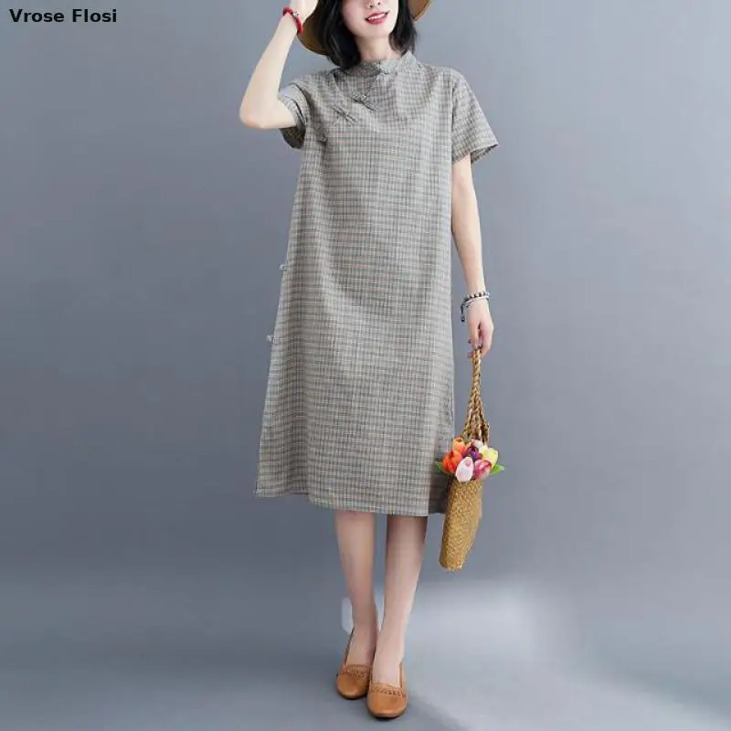 

2024 Chinese Style Improved Retro Cheongsam Button Up Short Loose Sleeve Split Dress Casual Daily Checkered Cotton Linen Vestido