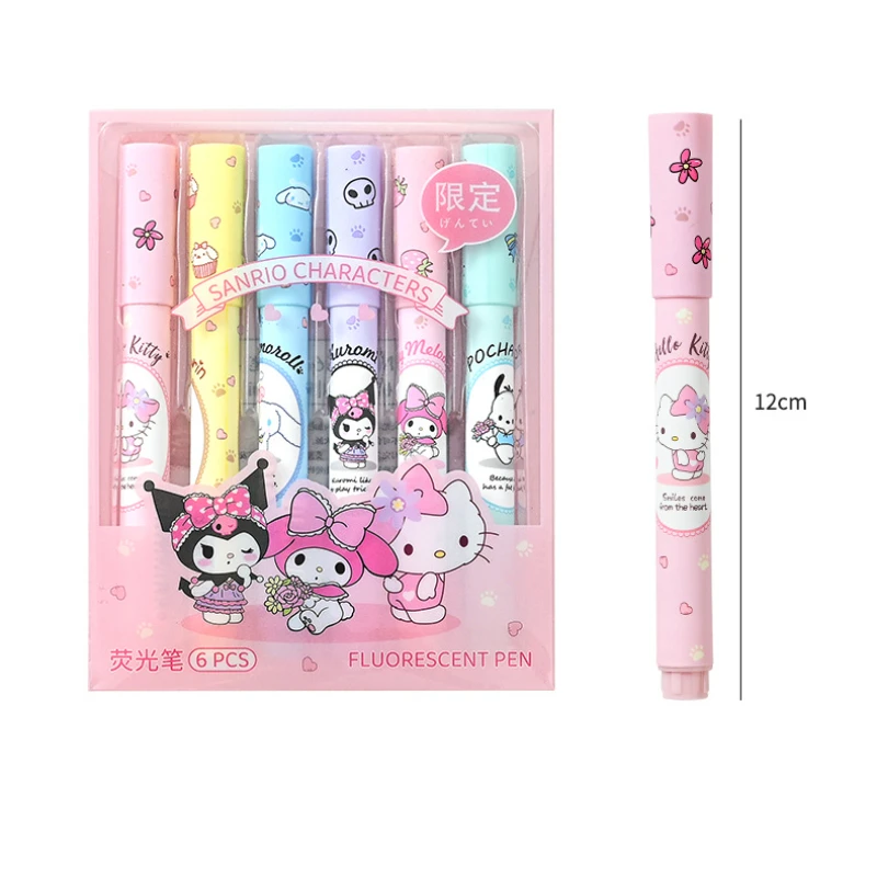 New Sanrio Series 6-piece Cinnamoroll Kuromi My Melody Fluorescent Pen Eye Protection Color Marker Pen Kawaii Hand Ledger Pen