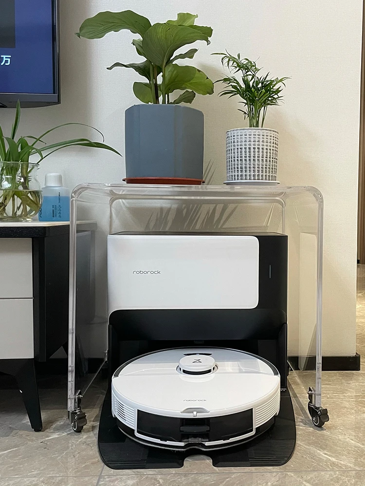 Acrylic Side Table with Wheels Sweeping Robot Companion Cart Removable Cover Rack