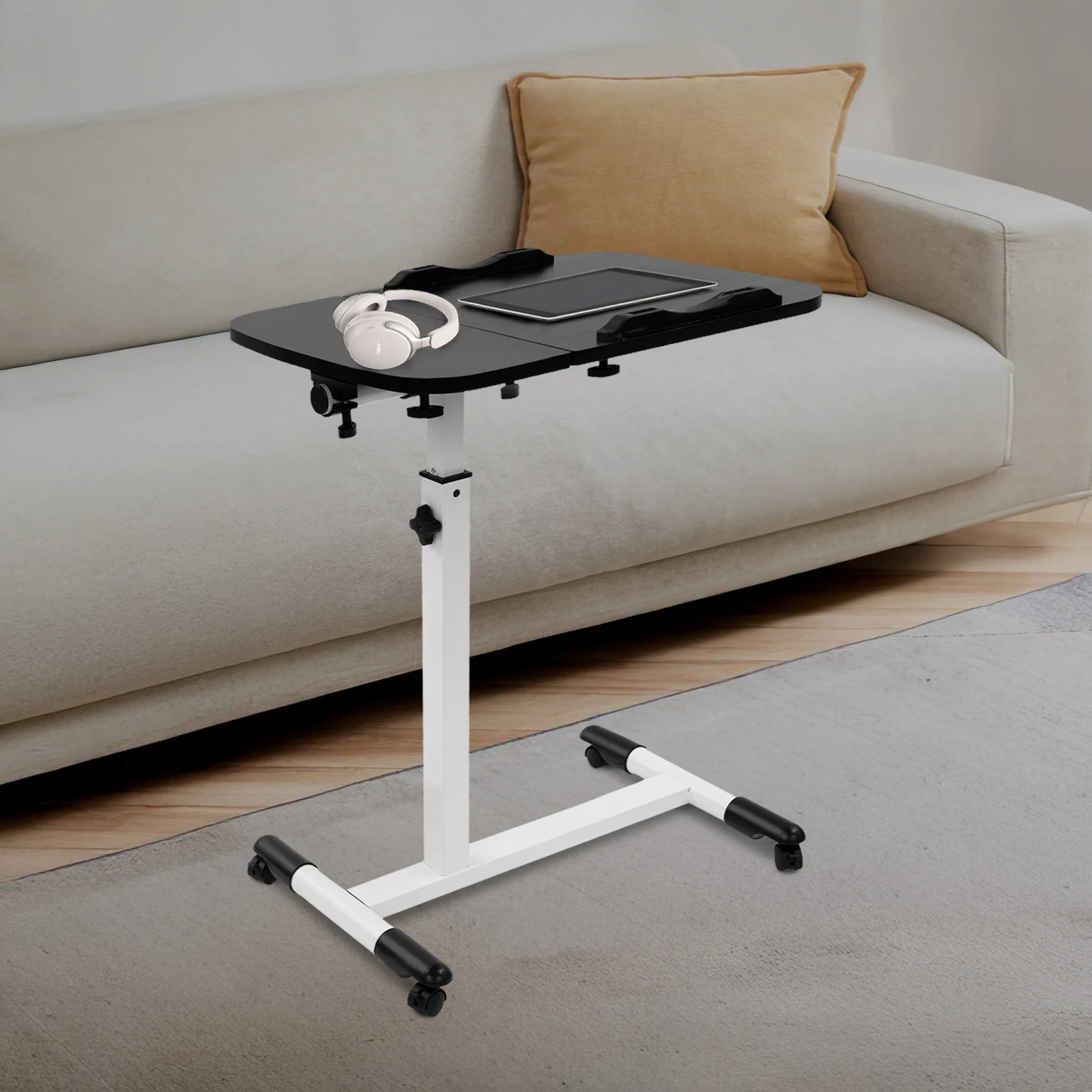 Höhenverstellbarer beweglicher Beistelltisch 65–95 cm, 4 Bremsräder 0–90 ° Falten Sie 15 kg Traglast in Schwarz/Weiß für das Heimbüro – Detail 3
