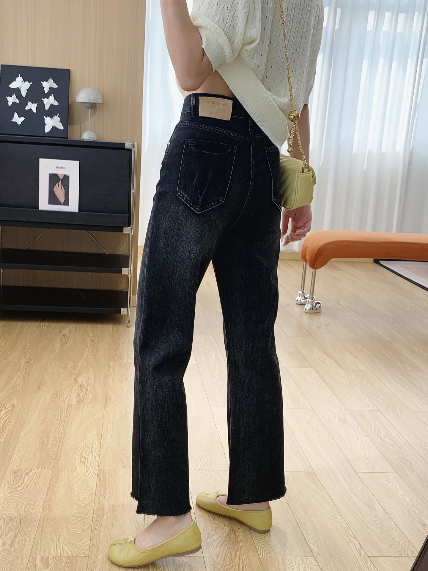 

Джинсы-клеш с высокой талией для женщин, весна-лето, тонкие, хлопковые, эластичные, с эффектом утяжки живота, широкие штанины