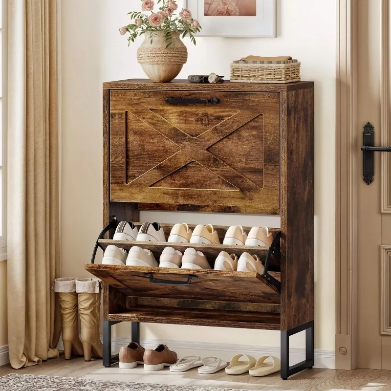 

2-Tier Wood Shoe Cabinet with 4 Flip Drawers, Freestanding Shoe Rack, Organizer for EntryWay Hallway Living Room