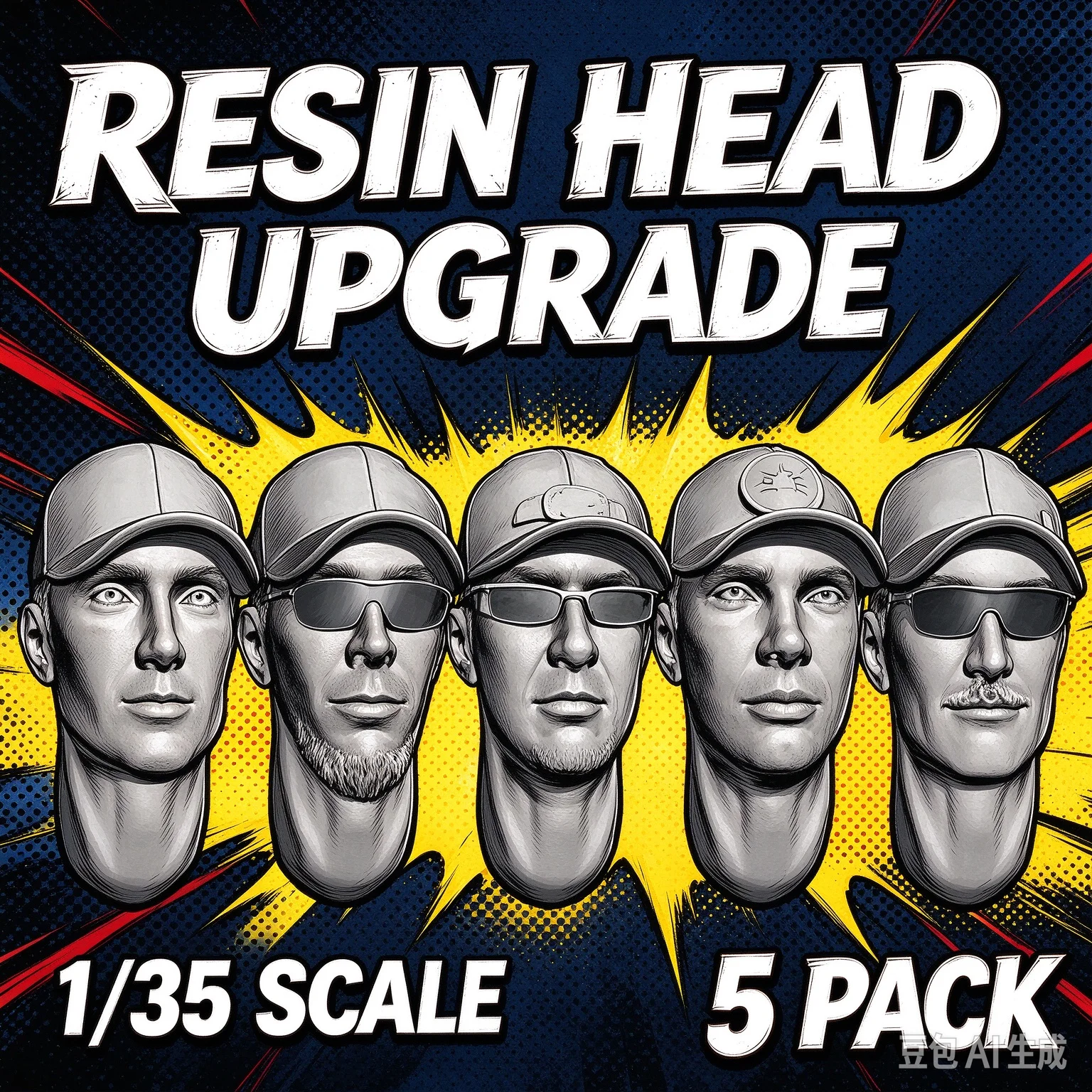 1/35 Scale Unpainted Resin Head 5-Pack, Modern Baseball Cap Head Upgrade Parts for Model Kit