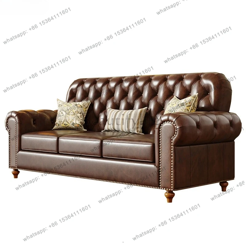 retro all-solid wood leather sofa top layer cowhide 123 combination country style living room furniture