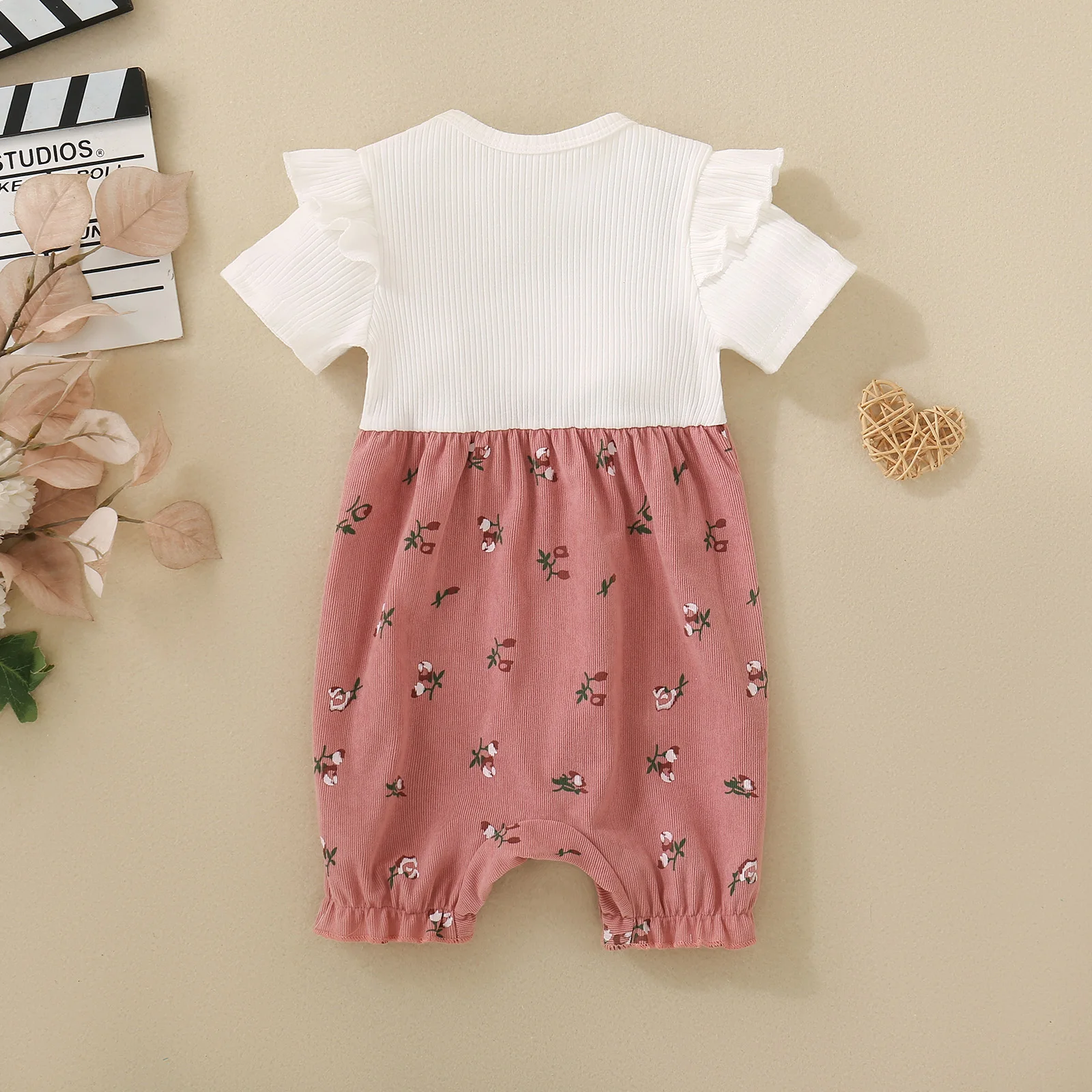 Summer female infant flower print fake two-piece short crawl with headgear two-piece set sweet and cute
