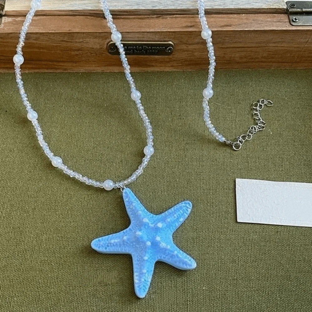 Cute Bohemian Starfish Necklace Beach Surfer Dopamine Bead Starfish Choker Colorful Splicing Summer Clavicle Chain Vacation
