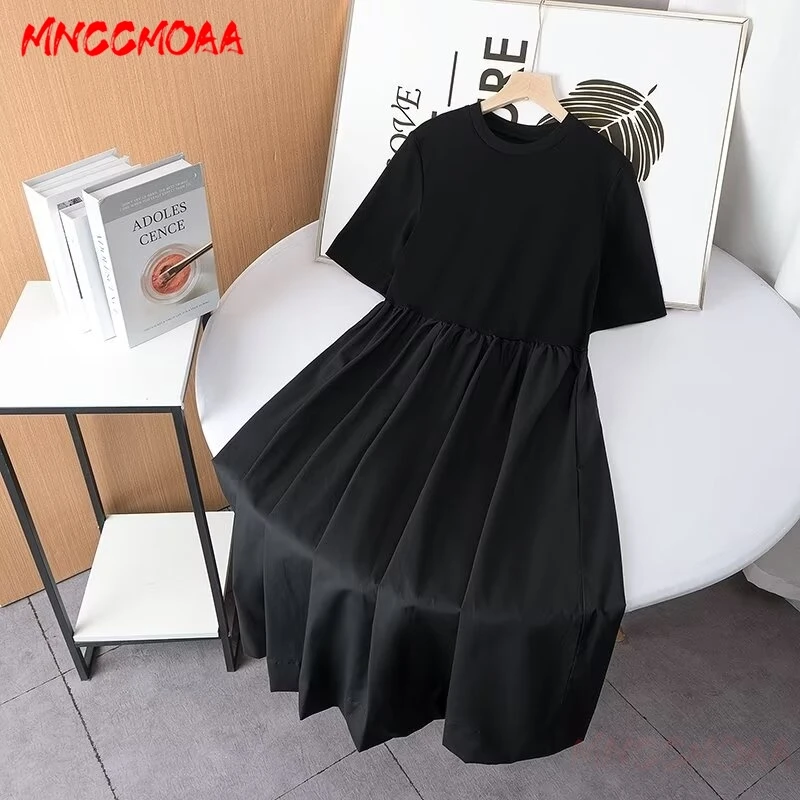 MNCCMOAA 2024 Spring Summer Woman Fashion Loose Vintage O Neck Splice Short Sleeve Dress Female Solid Casual Elegance Dresses