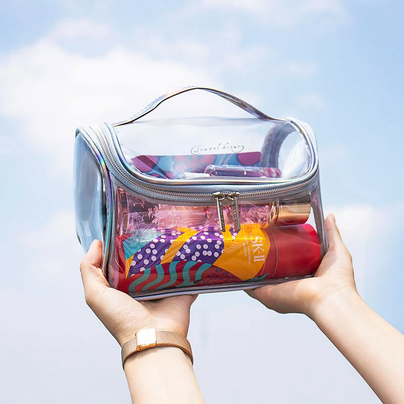 Cosmetic Bag Travel Transparent Laser PVC Women Zipper Makeup Bags Beauty Case Handbag Waterproof Storage Bath Toiletry Wash Bag