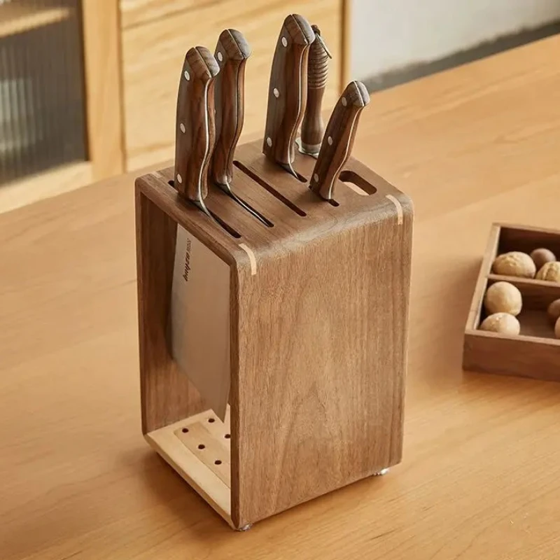 Premium Teak Knife Block Organizer -Ventilated Anti-Mold Kitchen Storage with Drainage Holes Holds 8 Chefs Knives for Countertop