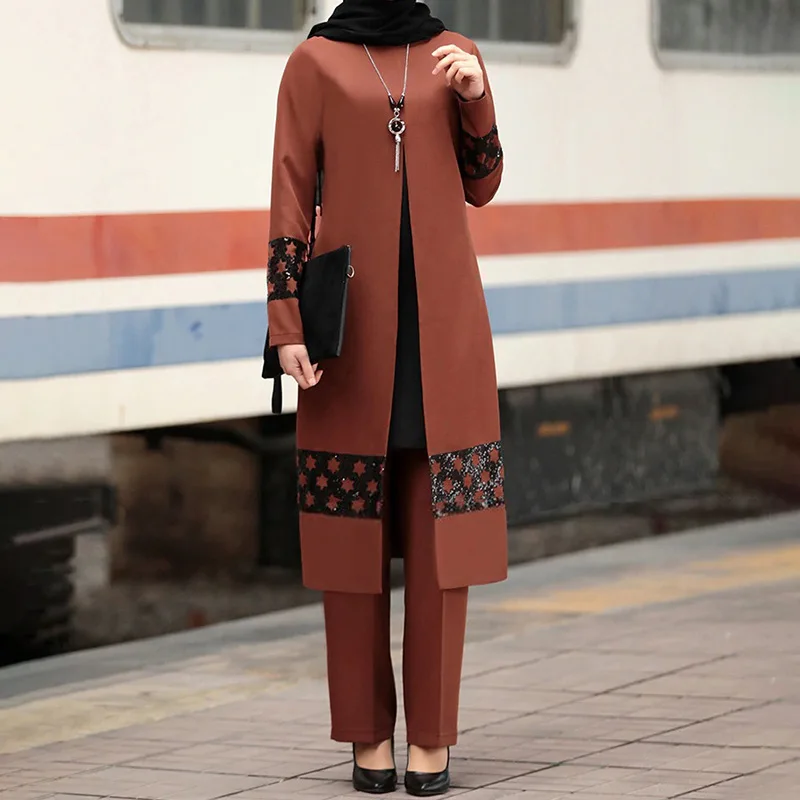 Busana Muslim wanita, baju wanita Muslim Ramadan dan lebaran, baju setelan korset 2 potong, celana kaki lebar, pakaian Dubai, Abaya renda, Kaftan monokromatik