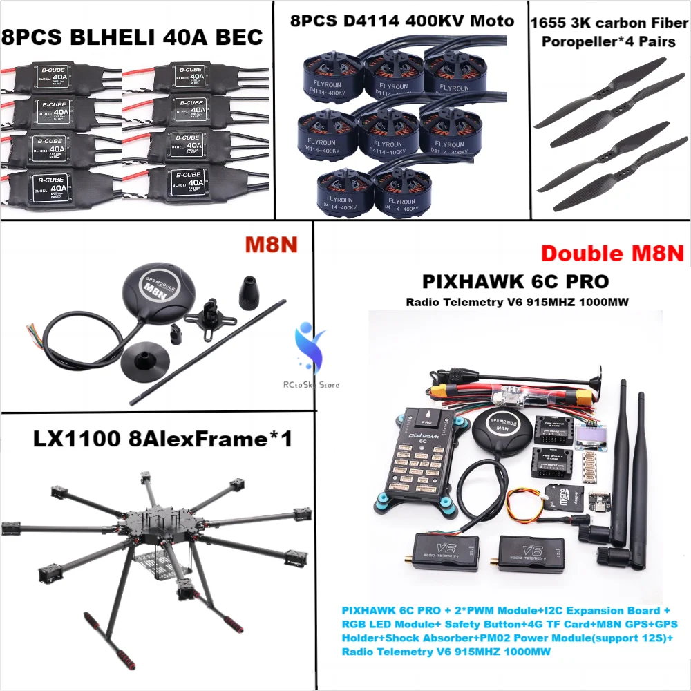Angeltoy LX1100 6C PRO Doublel M8N/M9N M10 GPS Flight Controller All Carbon Fiber1100mm Octacopter BLHELI 40A ESC D4114 Motor