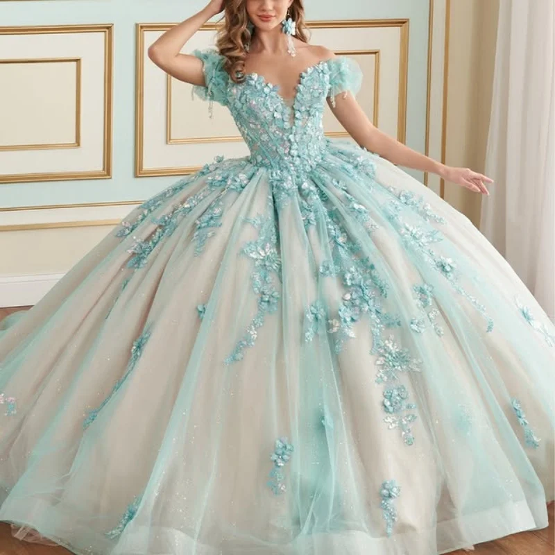 lichtblauwe Quinceanera Jurk off-shoulder bloem glitter sticker Lange staart vestidos de 15 Quinceanera ﻿ Aanpassen