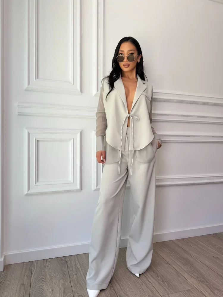 

Women's 2 Piece Blazer Suit Lace Spliced Long Sleeve Waist Tie Blazer High Waist Wide Leg Pants Lady Summer Casual Party Outfit