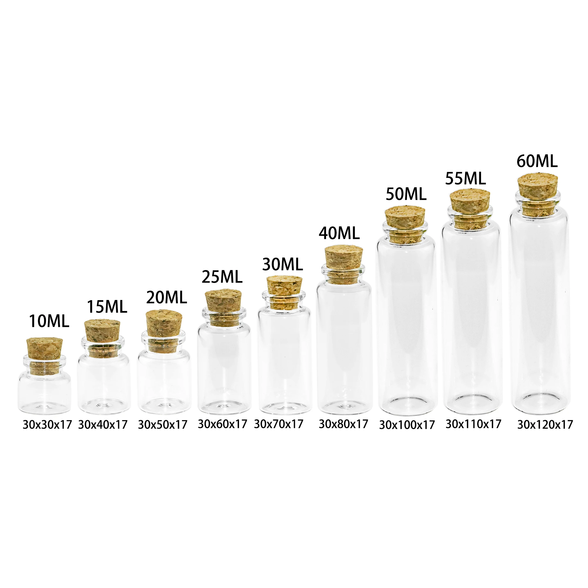 

50pcs/Lot 10ml 15ml 20ml 25ml 30ml 40ml 50ml 60ml Glass Bottles Stopper Crafts Jars Corks Mini Transparent Empty DIY Small Vials