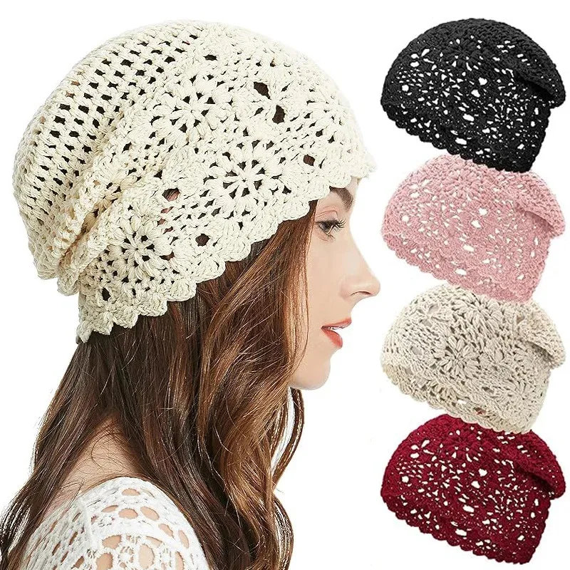 

New Women Handmade Crochet Slouchy Beanie Knit Hat Elegant Flower Hollow Out Breathable Skull Cap Elastic Beanies Cap