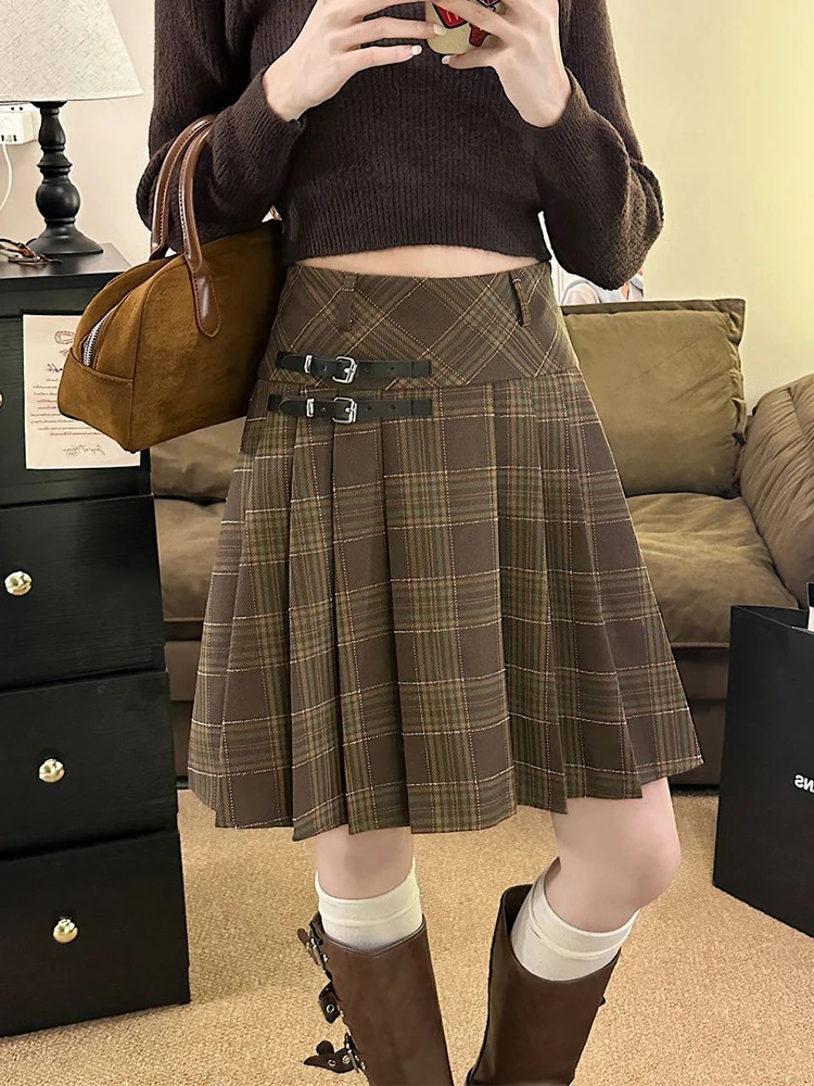 Vintage Plaid Mini Skirt Women Preppy High Waist Spring Summer Pleats Skirts Retro Student Bandage Korean Casual Harajuku Skirt