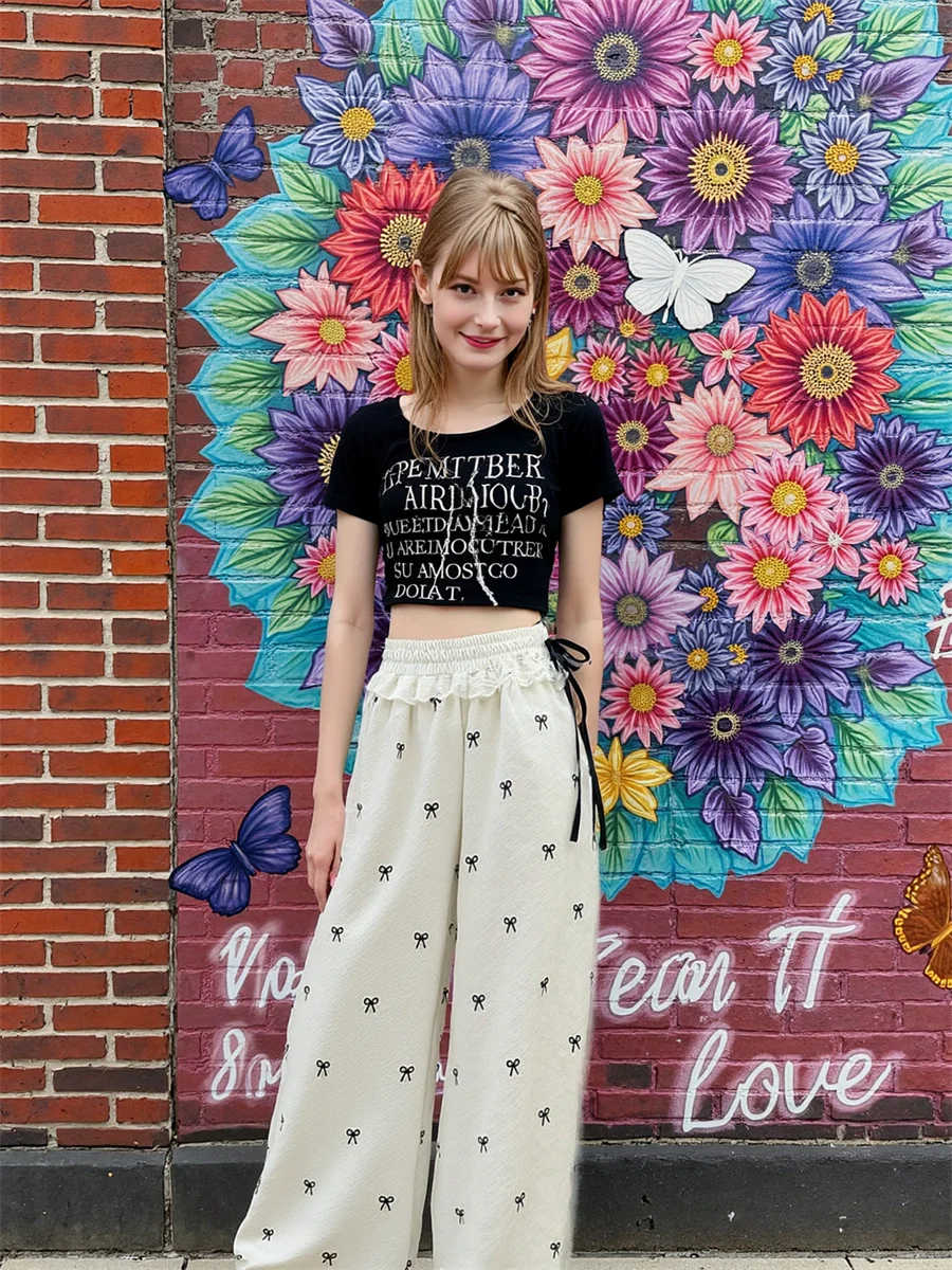 Pantaloni palazzo da donna con lacci larghi autunno orlo arricciato donna femminile chic moda a vita alta gamba dritta elegante casual unico