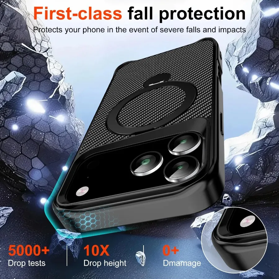 Etui na iPhone 17 Pro Max z magnetycznym stojakiem 360° [Kompatybilne z MagSafe] Ochronne etui z włókna węglowego + 2 sztuki szkła hartowanego