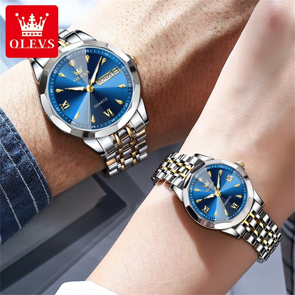 OLEVS 9998 Rhombus Mirror Fashion Quartz Couple Watch For Men Women Stainless Steel Date Hand Clock Luminous Waterproof Watches