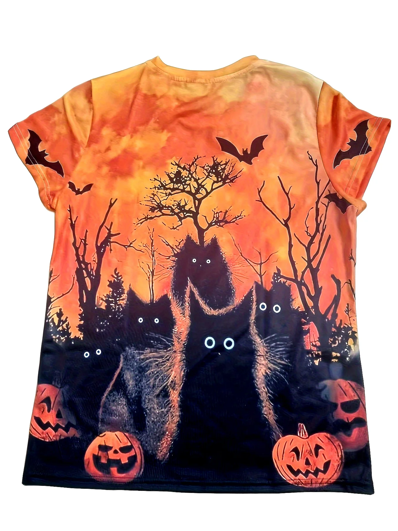 Women T‑shirt Short Sleeve Halloween Black Cat Pumpkin Bat Dead Tree Sunset Print O-Neck Casual Summer Tee Top Women's Clothing
