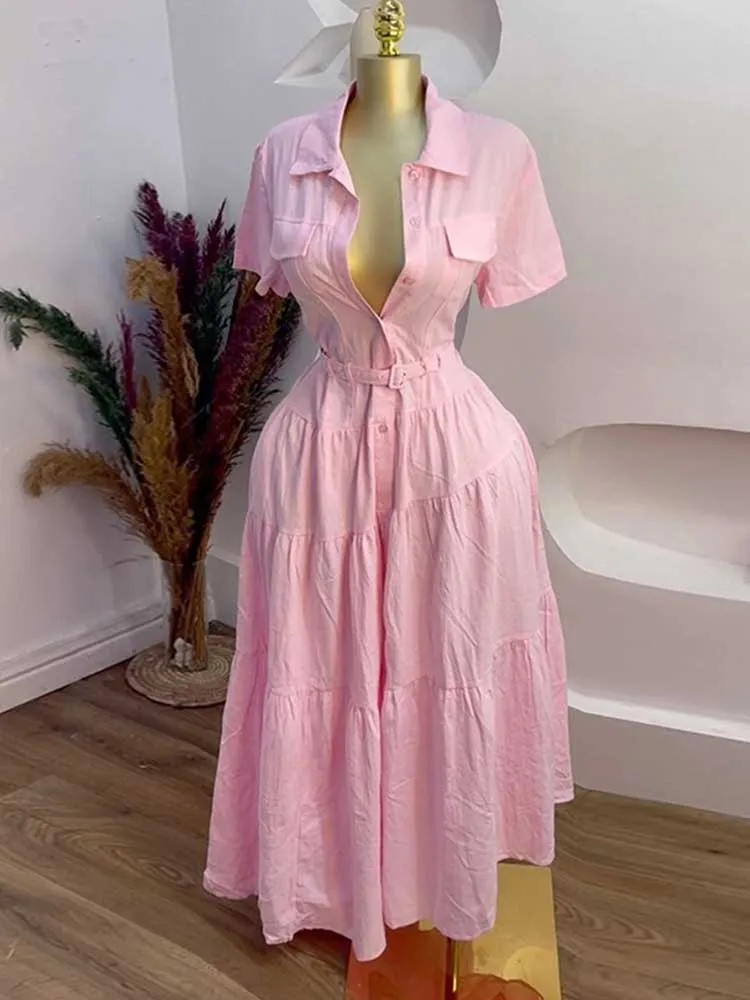Kleid Hemd Knöpfe Frauen Einfarbig Casual Kurzarm Hohe Taille Langes Kleid EINE Linie Elegante Modest Französisch Kleid Gürtel