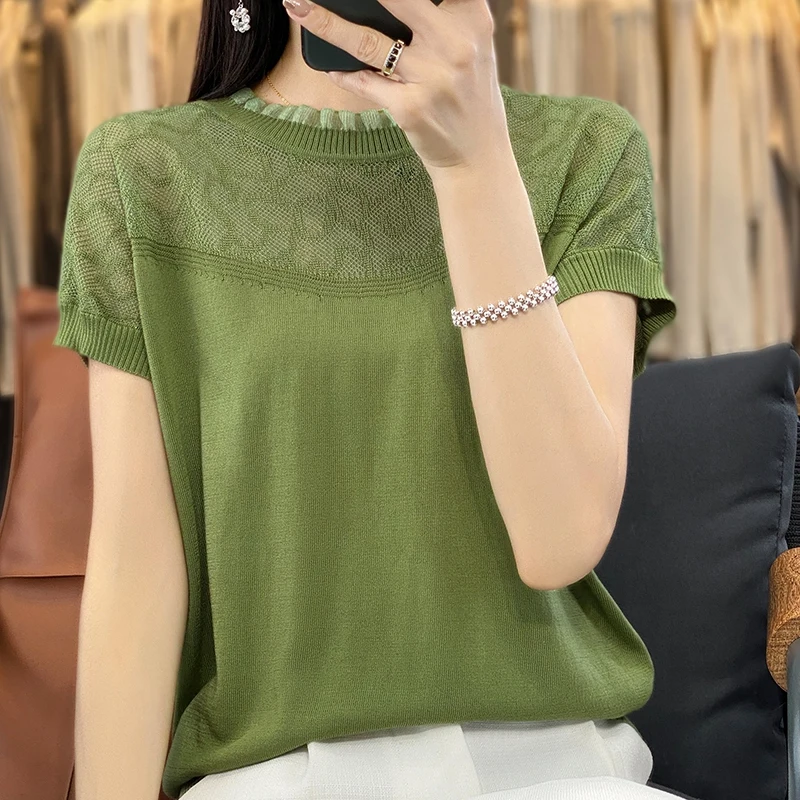 Summer Tops Short Sleeve Knit Sweater Women Pullover Blusas Mujer De Moda 2024 Verano Ruffled Collar Knitted Women Sweater G613