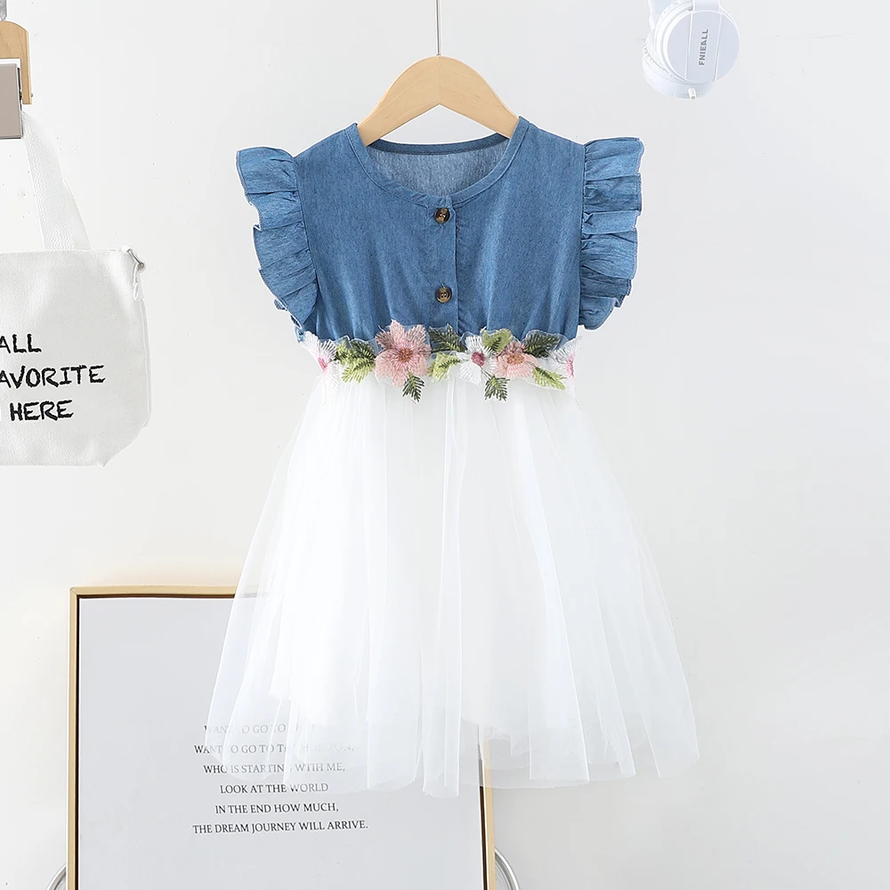 

Summer Girls Dress Jean Gauze Skirt Stitching Flowers Embroidery Decoration Flying Sleeve Casual Children‘s Clothing