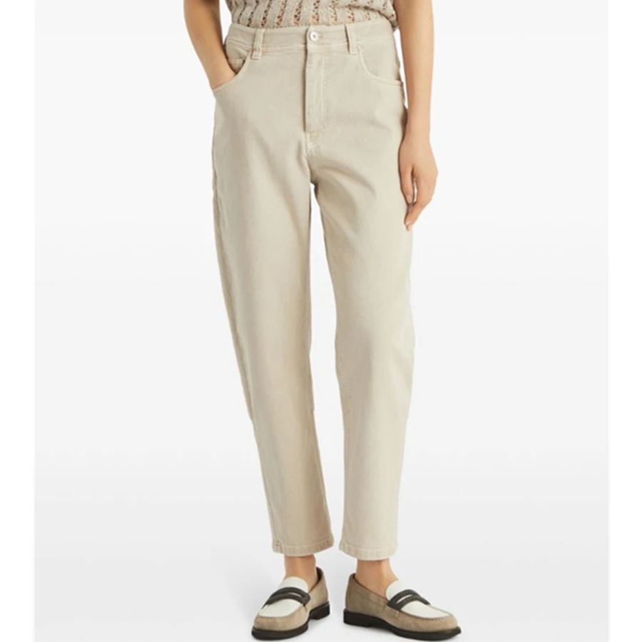 

Maxdutti Minimalist High Waisted Light Khaki Trousers Environmentally Friendly Active Dyed Tapered Jeans For Women's Denim Pants