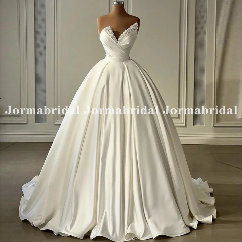 

Princess Ball Gown Wedding Dress with Pearls Beads V-Neck Pleat Satin Ivory Vintage Dubai Bridal Dress vestido de casamento 2023