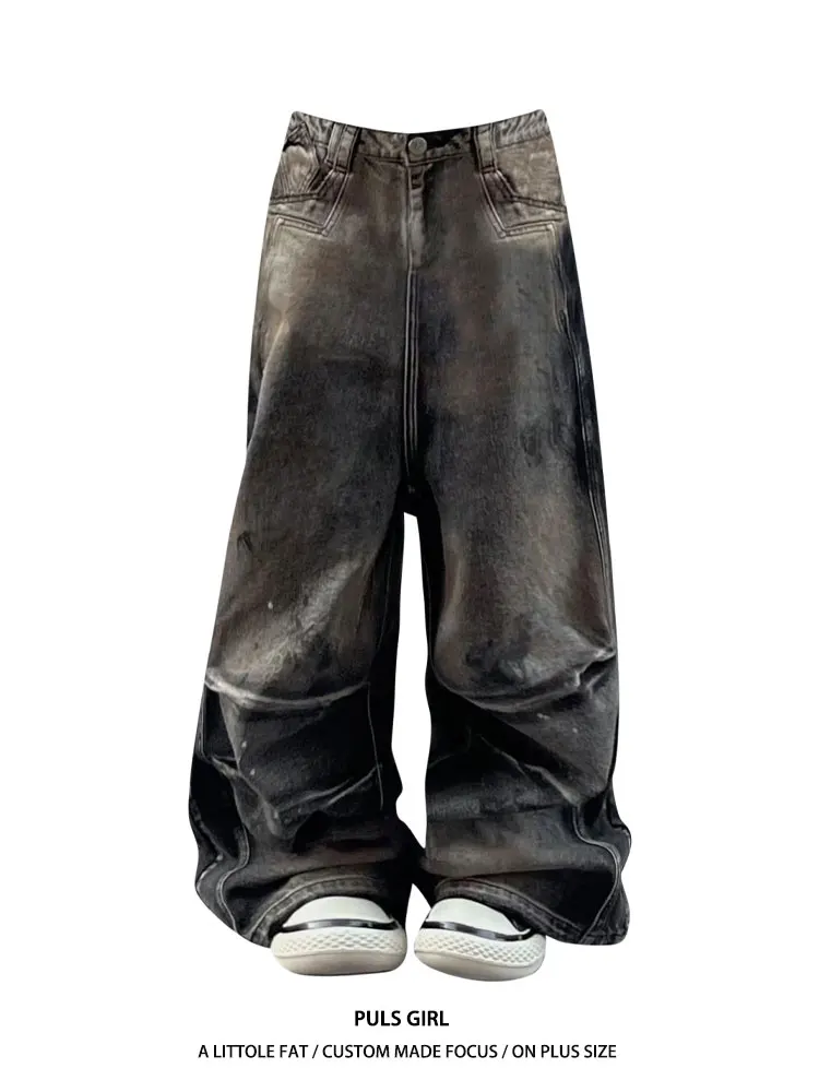 

High Waist Wide Leg Distressed Color Rub American Style Denim Pants Women's Loose Floor-Length Trousers Casual All Seasons