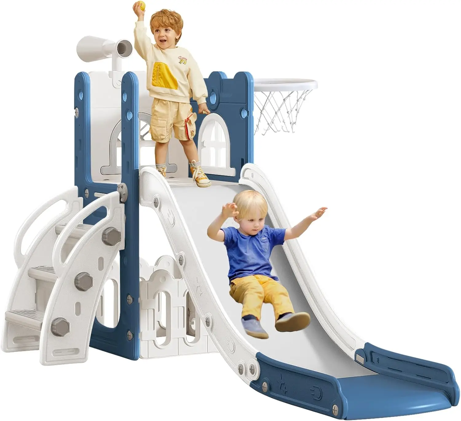 バスケットボールフープ付きの屋内と屋外の遊び場、1〜3歳の子供用スライド、クライマースライダー、収納とテスト、6 in 1