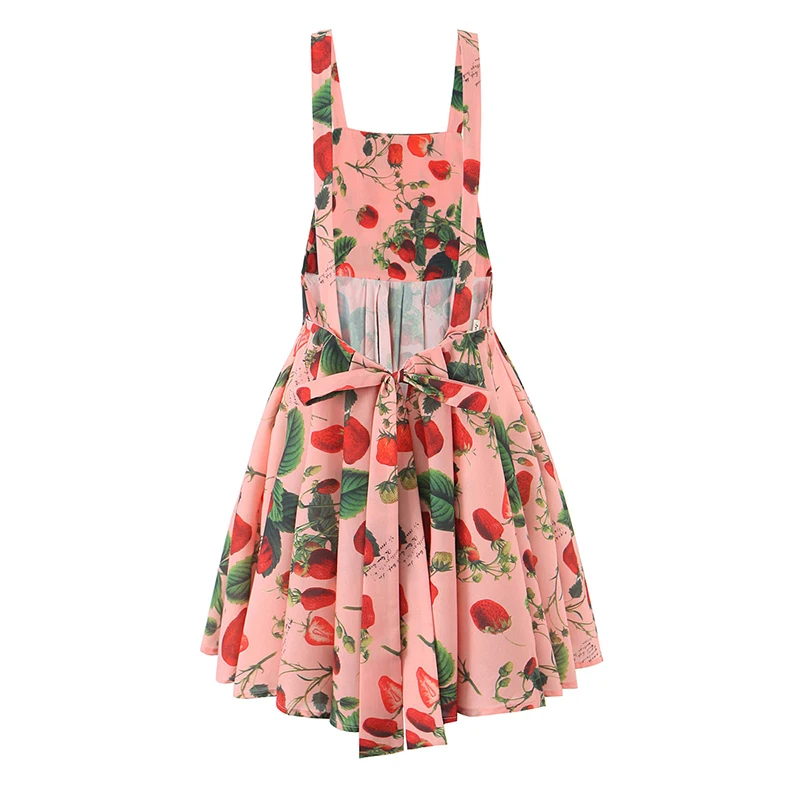 YENKYE Strawberry Print Square Collar Sexy  Backless Mini Tank Dress Women Pleated Hem A-line Short Summer Dresses Holiday Robe
