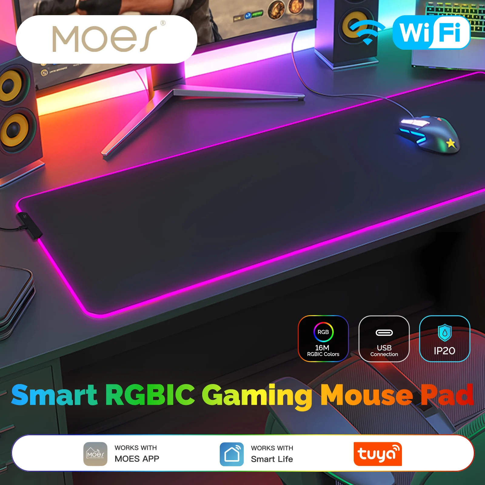 Tappetino per mouse da gioco RGBIC, controllo APP intelligente WiFi Tappetino da scrivania LED da 16 milioni di colori, impermeabile per giochi per computer PC