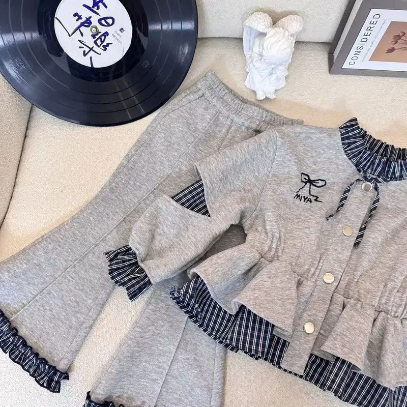 Girls' Spring Autumn Set New Style Children's Baby Stylish Doll Collar Cardigan Casual Pants Two Piece Set Trendy