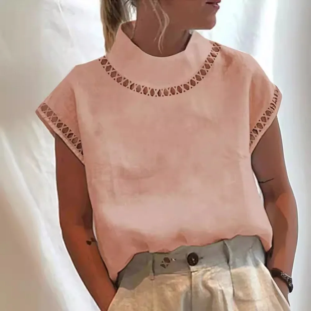 Women Solid Hollow Out Lace Linen Blouse High Neck Breathable Casual Shirt Elegant Ladies Top