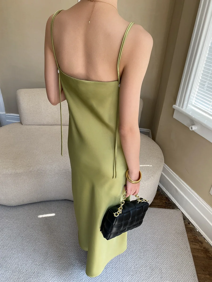 女性のエレガントシックなロングドレスフレンチファッションサテン背中の開いたジッパーハイウエストドレス夏 Lades Vestidos パラ Mujer