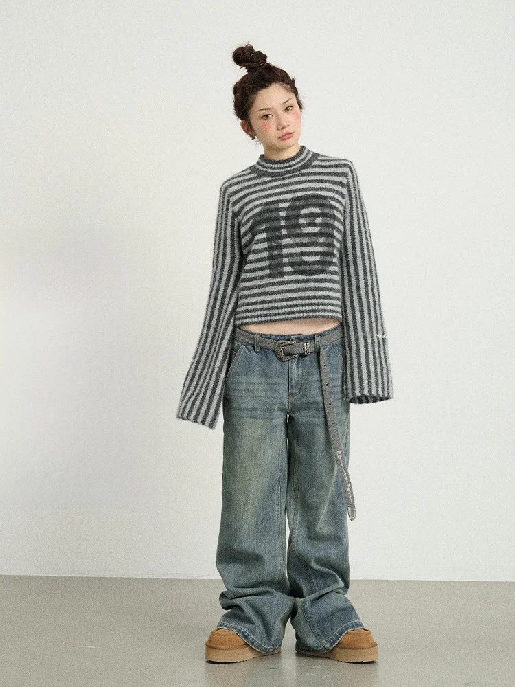 

Achihara Striped Knitted Sweater Women's Base Layer irt Outerwear Long Sve round Ne Polyester Fiber Commute Sle